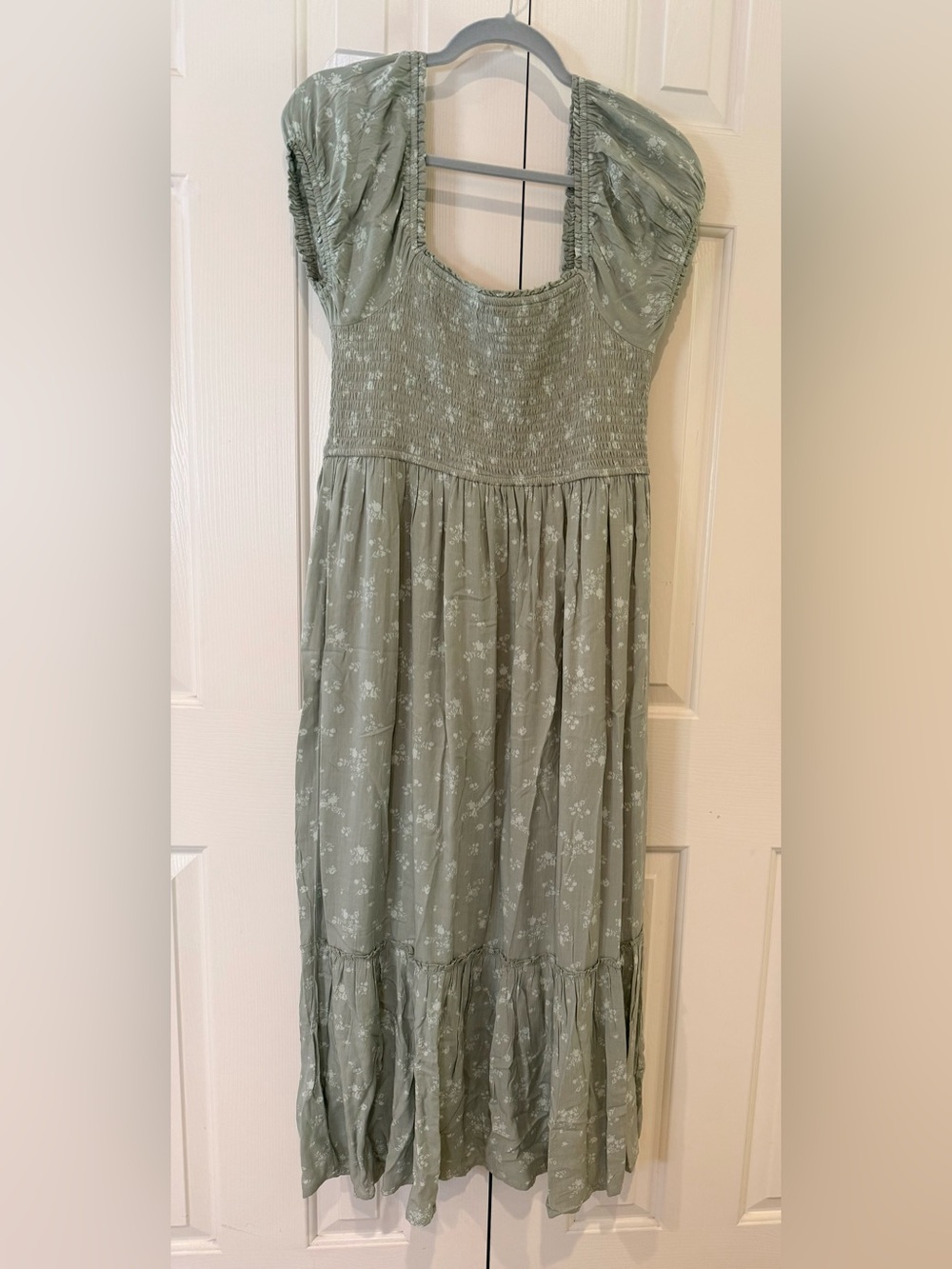 Aeropostale Sage Green and White Smocked Dress Wear On or Off Shoulder